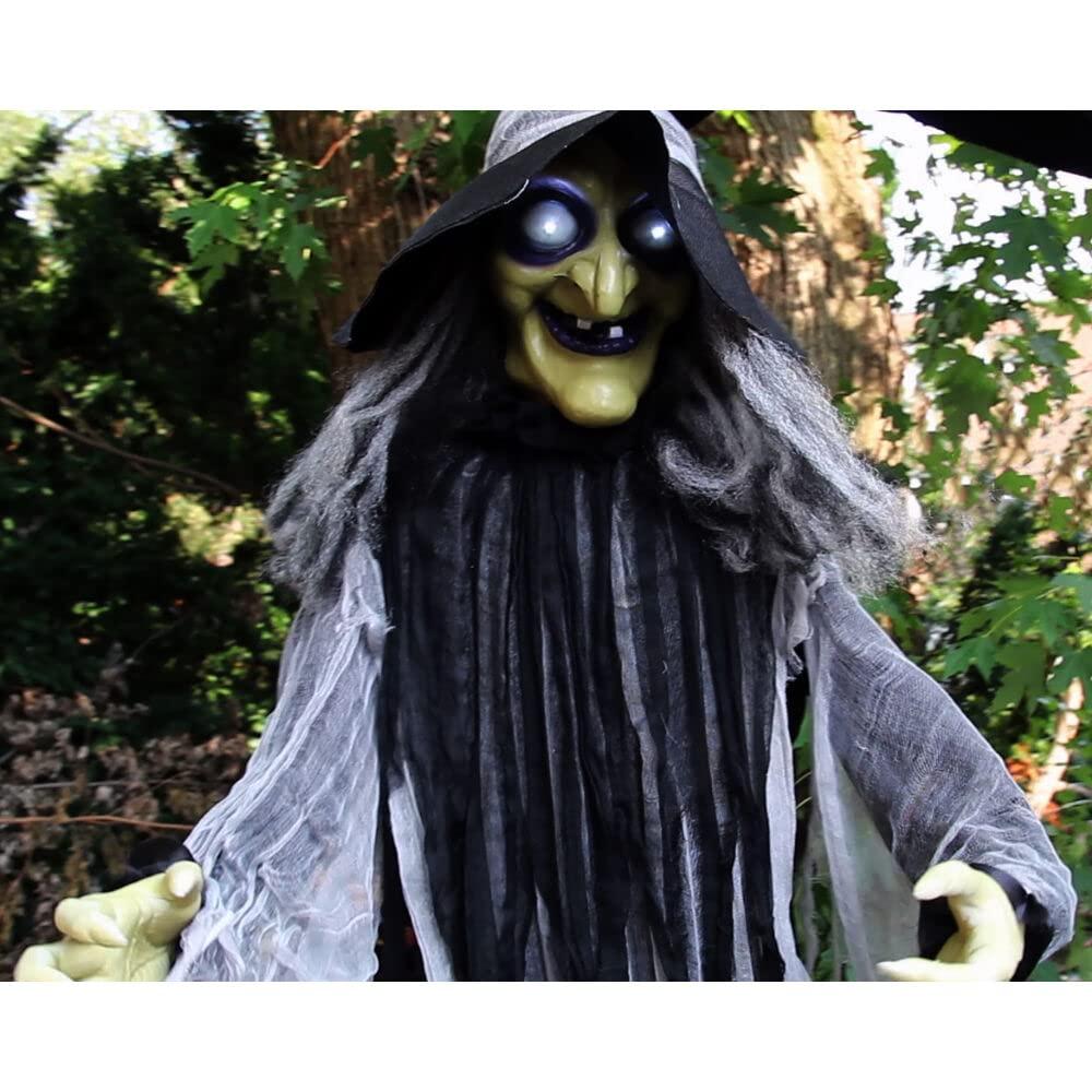 Haunted Hill Farm 9.5-Ft. Animatronic Witch, Indoor or Covered Outdoor Halloween Decoration, Light-up White Eyes, HHWITCH-16FLSA