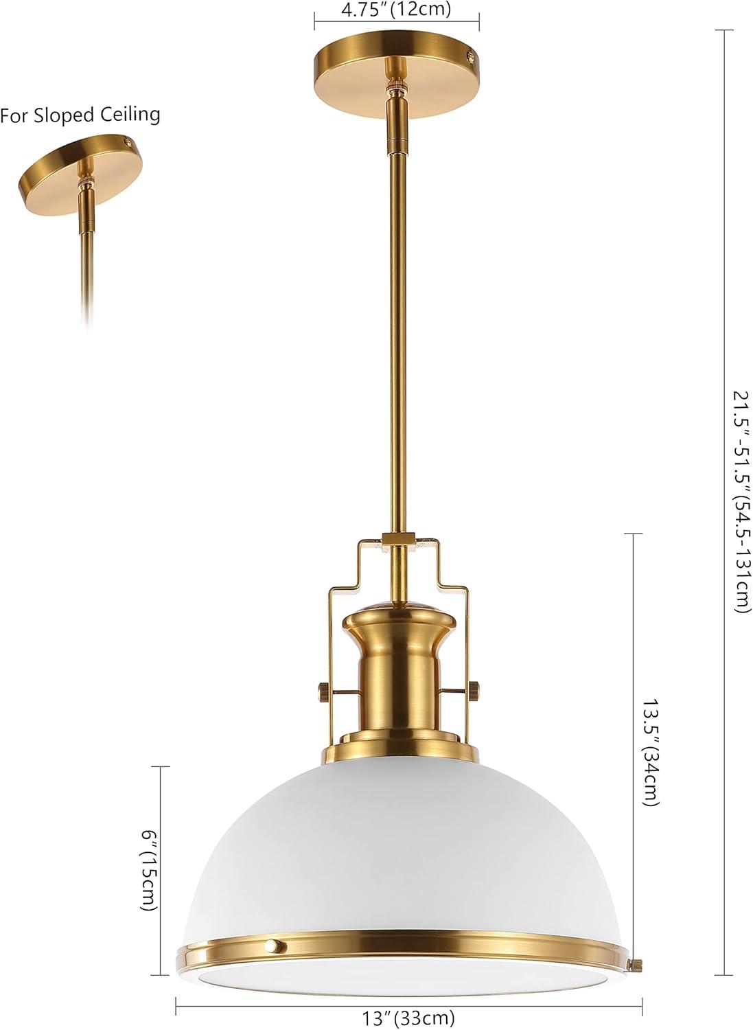 Homer 13" 1-Light Modern Industrial Iron LED Dome Pendant, Brass Gold/White