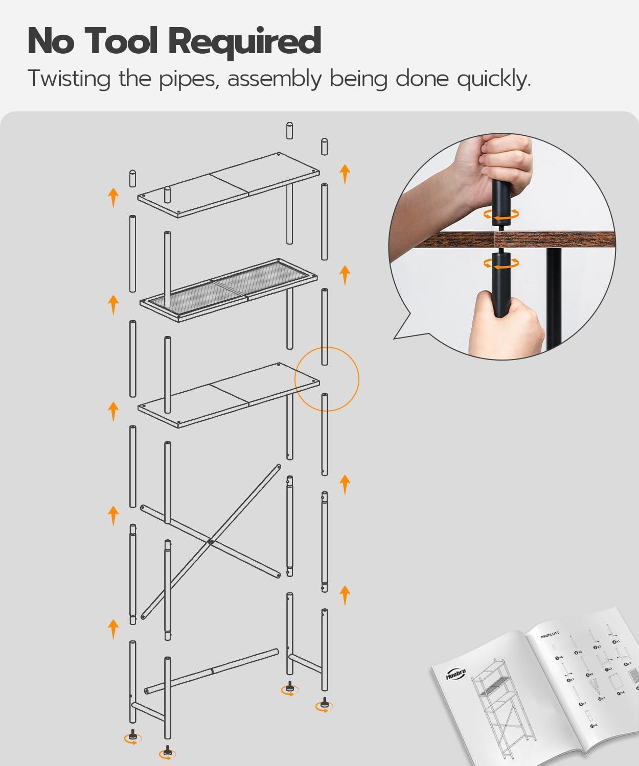 HOOBRO Over The Toilet Storage, 3-Tier Over Toilet Bathroom Organizer, Freestanding Above Toilet Shelf with Adjustable Feet, Space Saving, Easy Assembly, Rustic Brown and Black BF63TS01