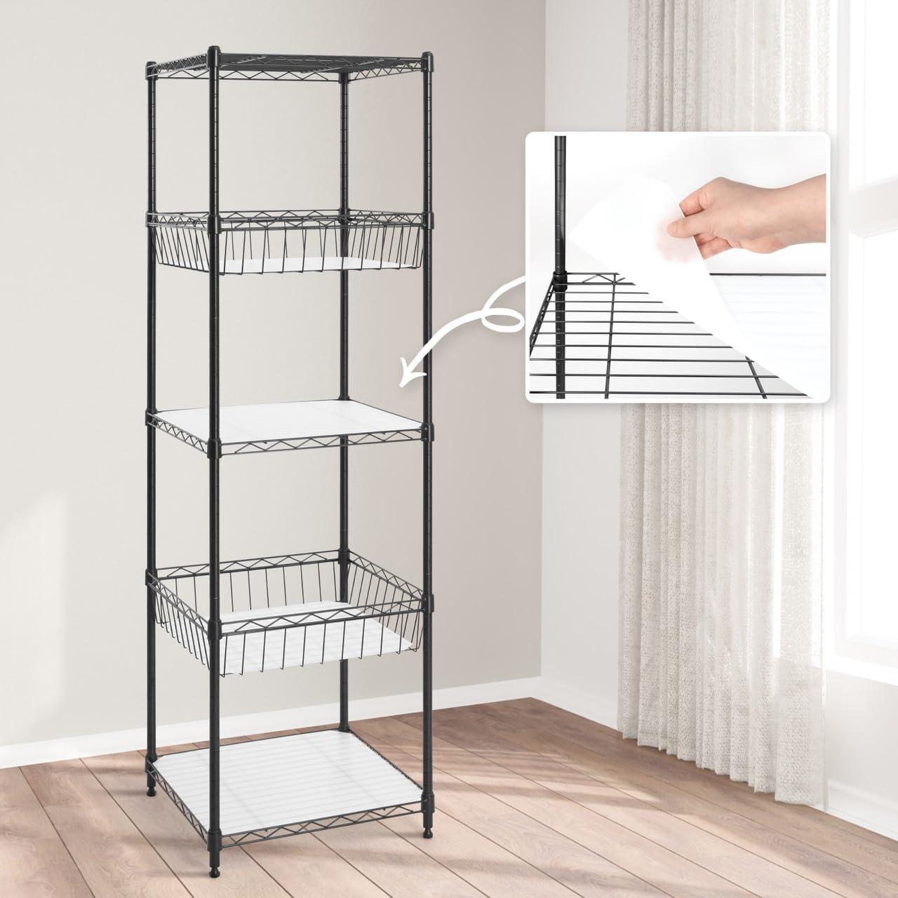 CAPHAUS NSF Adjustable Height 5 Tier Wire Shelving Unit w/ Basket & Liner, Black & Silver