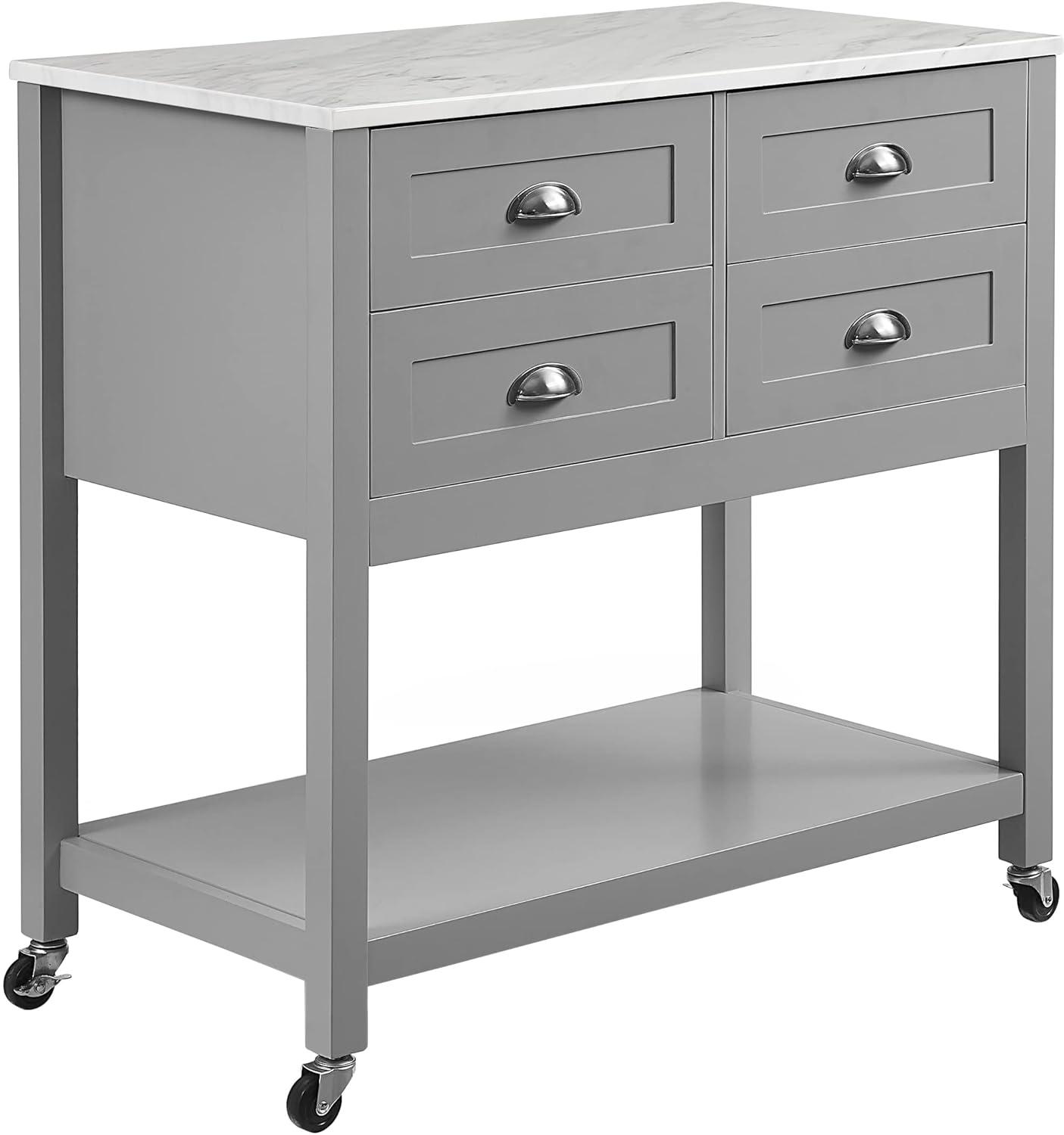 Connell Kitchen Island Cart Gray/White Marble - Crosley: Mobile Storage, 4 Drawers, Open Shelf, Locking Wheels