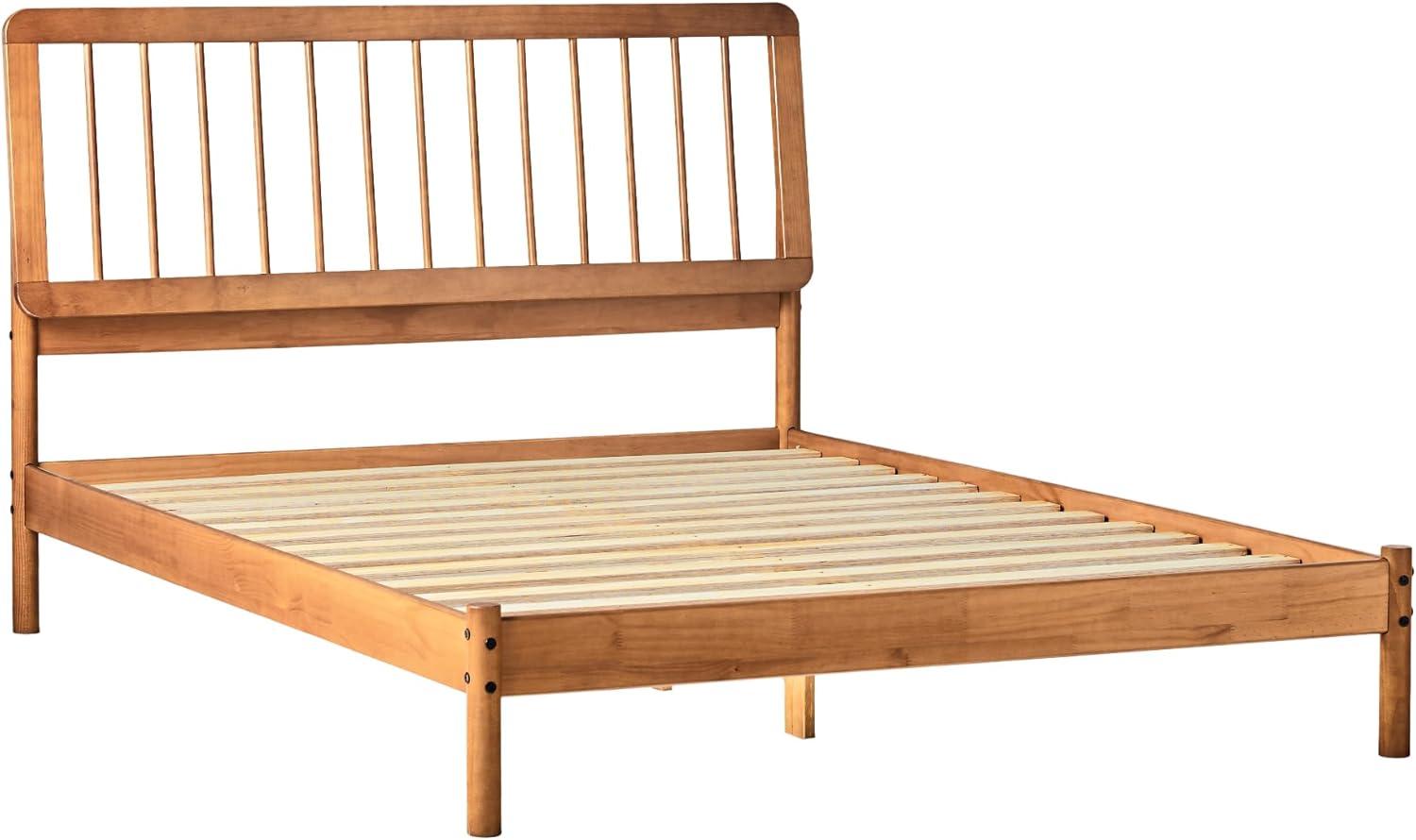 Walker Edison Mid-Century Modern Slatted Solid Wood Queen Bedframe, Caramel