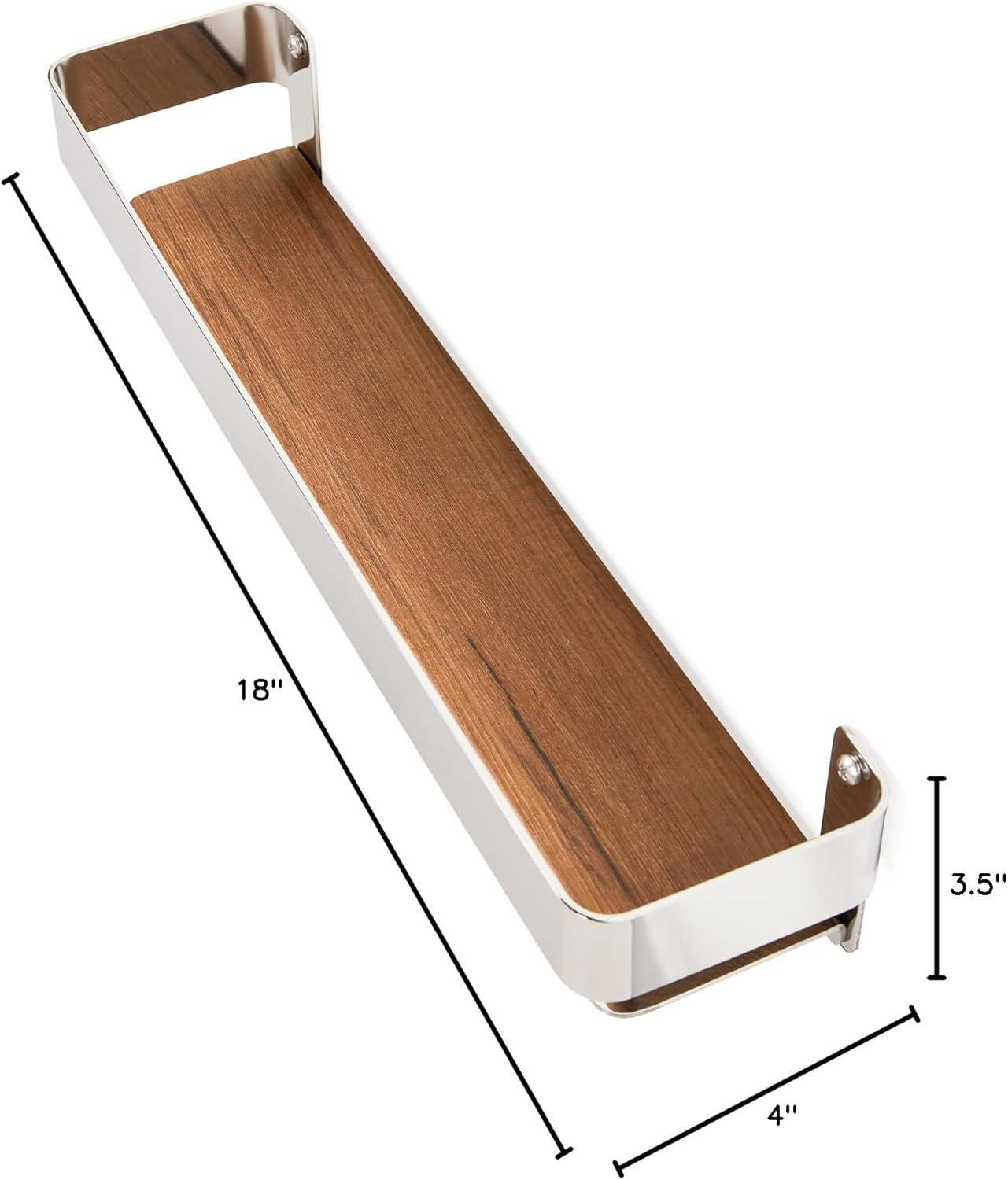 Floating Rectangular Shower Shelf with Rail in a Polished Finish and Natural Teak Wood Insert