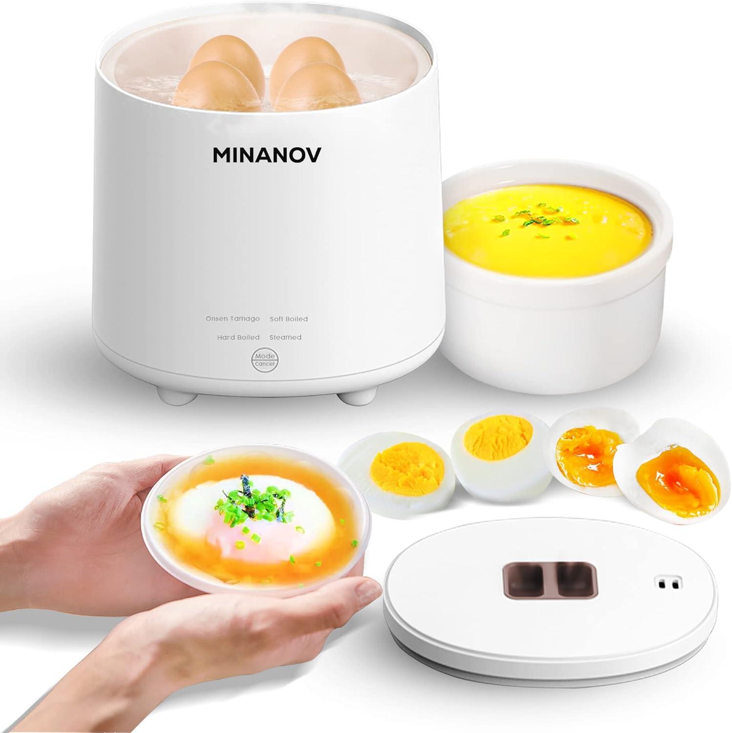 MINANOV Electric egg Cooker - 4 Egg Capacity Rapid Egg Cooker for Hard Boiled, Soft Boiled, Steamed Egg, Onsen Tamago - Smart Cooker for Kitchen, Dorm and Camping with Auto Power-off and Beep Alarm