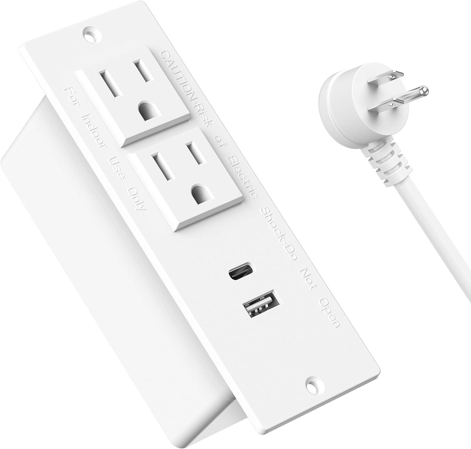 White Recessed Power Strip with USB C and Dual Outlets