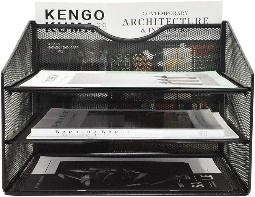 EASEPRES Mesh Desktop File Organizer, Document Mail Desk Folder Holder with 3 Paper Letter Tray and 1 Vertical Upright Compartment for Office Supplies, Desk Accessories & Workspace, Black