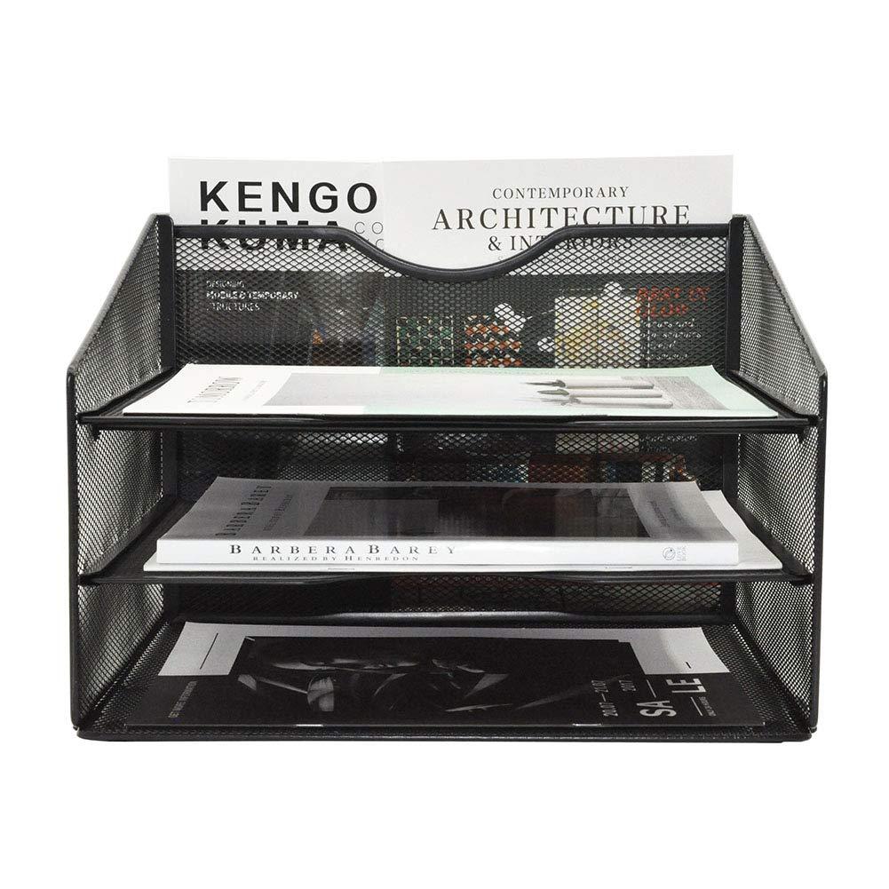 EASEPRES Mesh Desktop File Organizer, Document Mail Desk Folder Holder with 3 Paper Letter Tray and 1 Vertical Upright Compartment for Office Supplies, Desk Accessories & Workspace, Black