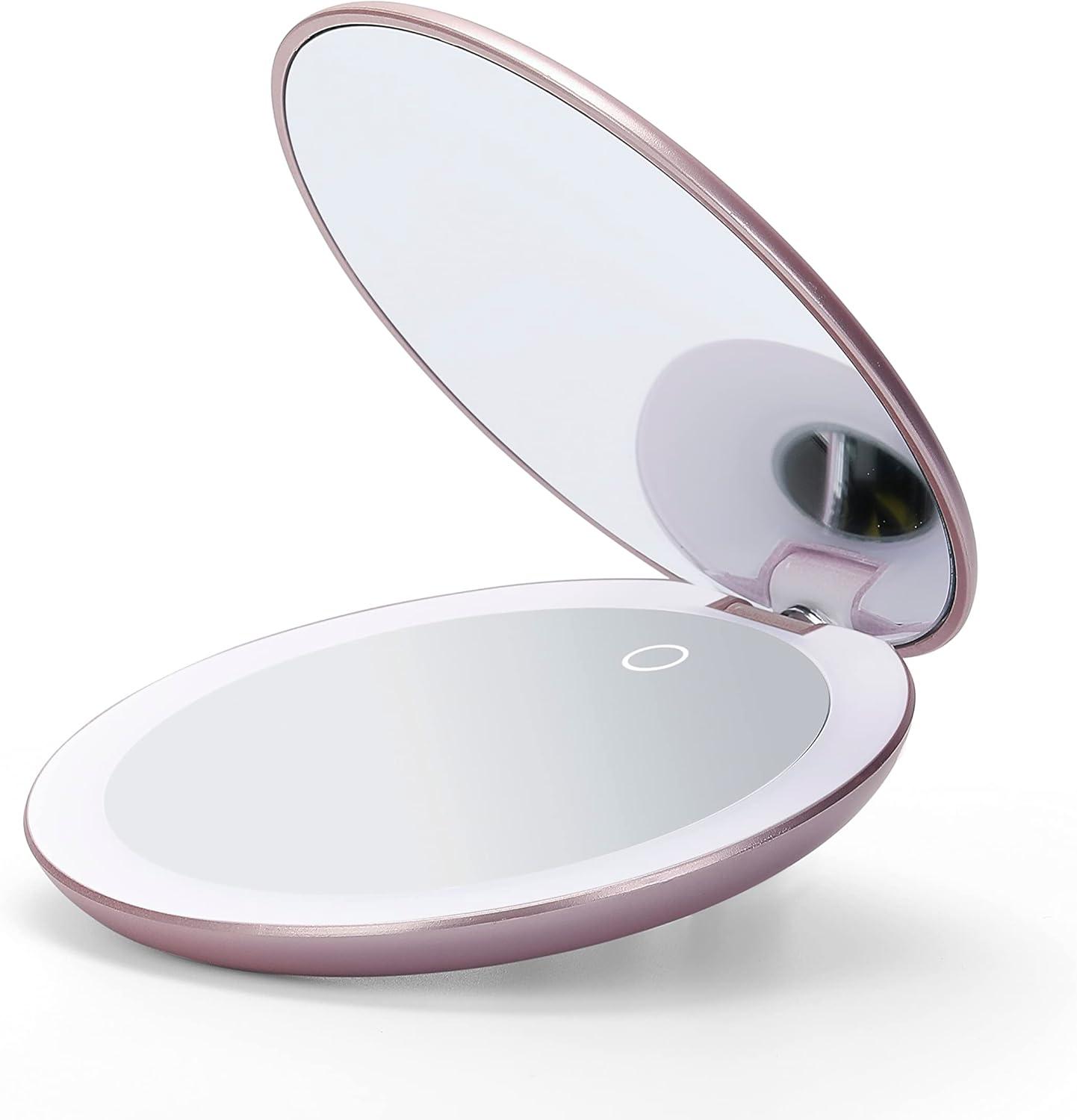 Fancii Taylor LED Lighted Travel Makeup Mirror, Rechargeable with 10x/1x Magnifying & 3 Light Settings - Compact, Portable, Large 5” Wide Hand Mirror for Handbag and Purses (Rose Gold)