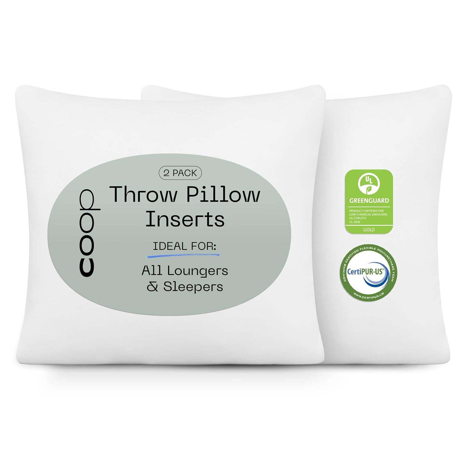 Coop Home Goods Throw Pillow Inserts Set of 2, 12 x 20 Inches White Square Indoor Decorative Pillow Inserts Adjustable Memory Foam Fill Pack of 2