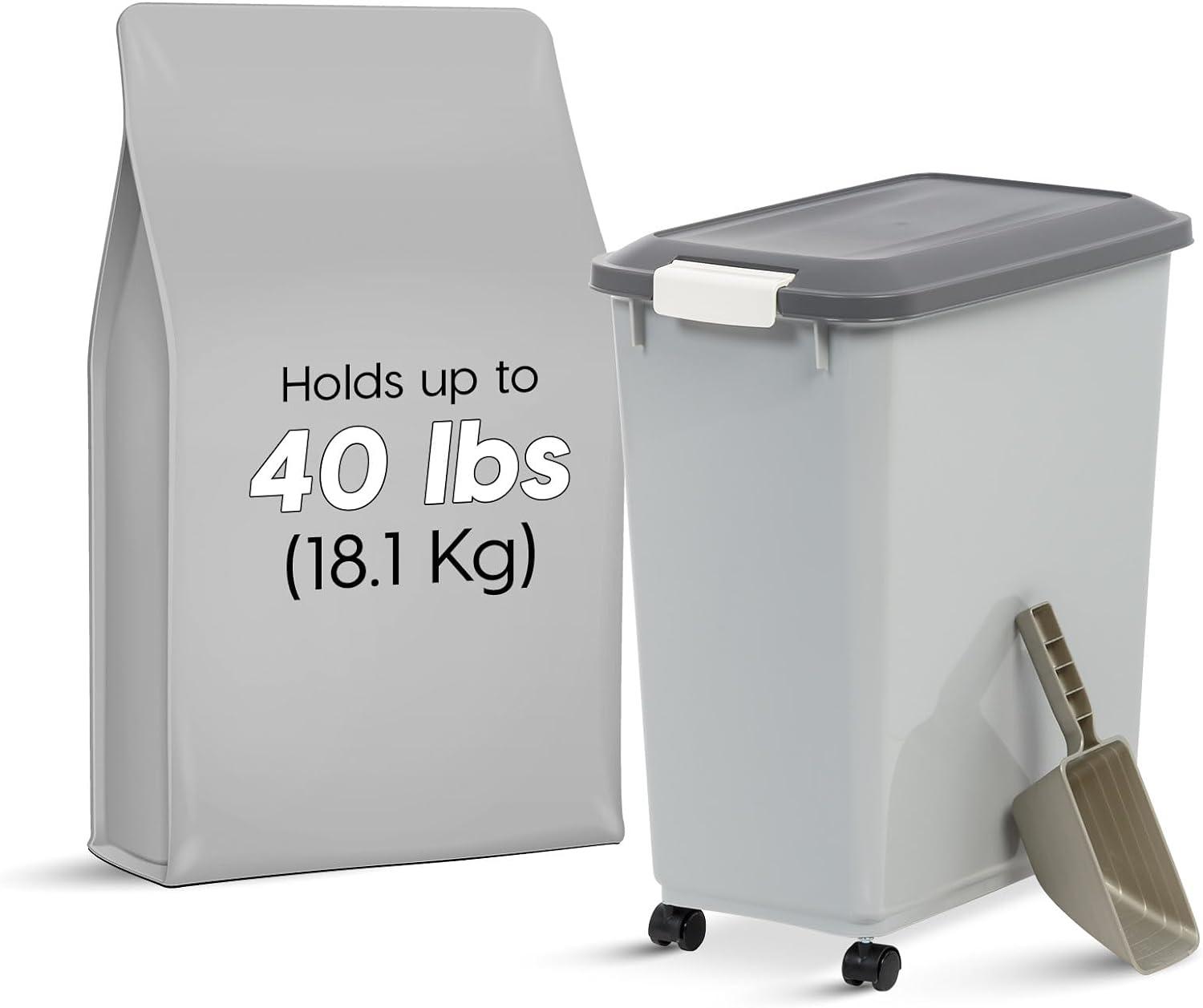IRIS USA 40lbs Dog Food Storage Container with Wheels, 2-Cup Scoop, Gray/Dark Gray