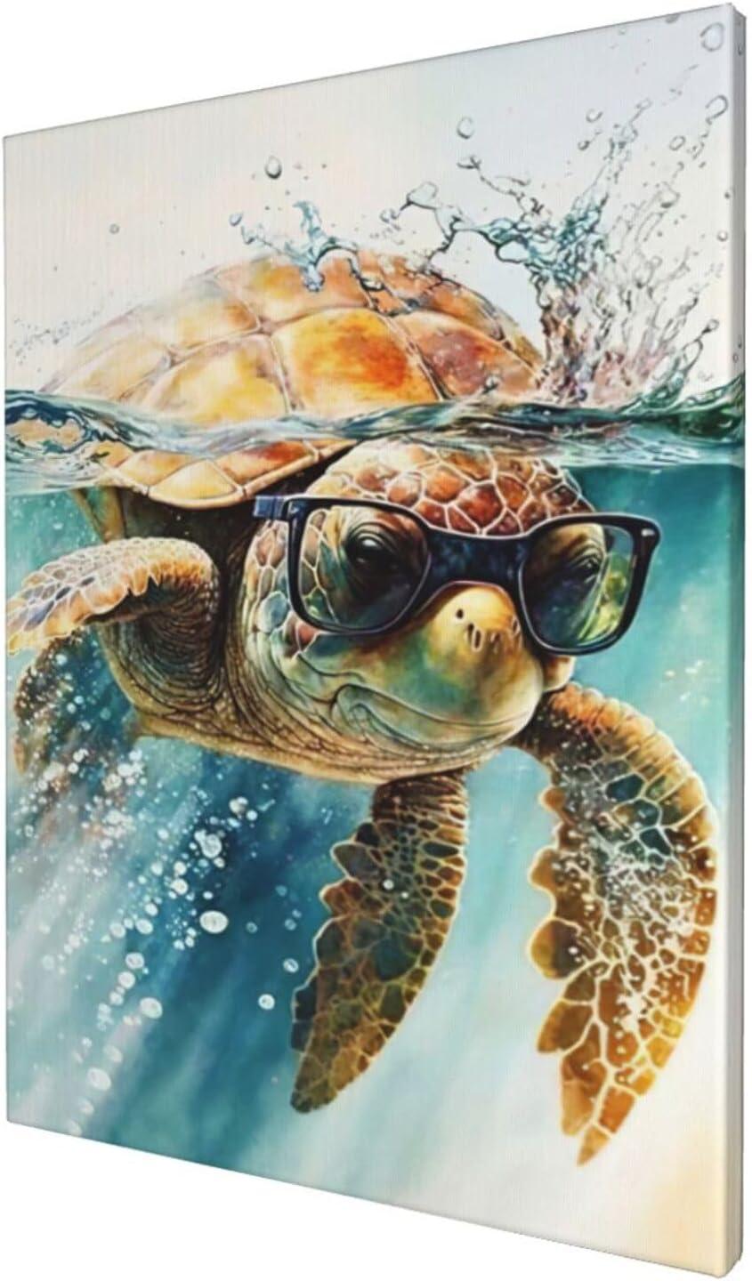 Sea Turtle with Glasses Canvas Print for Kids, 16x12 inches