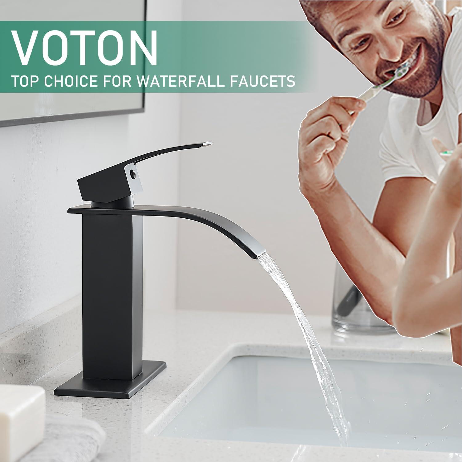 Matte Black Stainless Steel Waterfall Bathroom Faucet with Pop-Up Drain