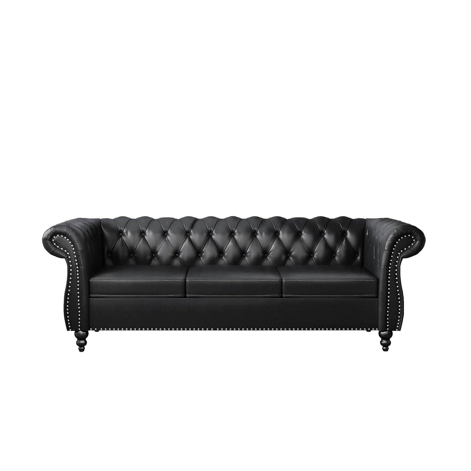 PU 3 Seater Sofa, Chesterfield Sofa Modern Tufted Couch 3 Seater Large Sofa with Scroll Arms and Nailhead for Living Room, Black PU