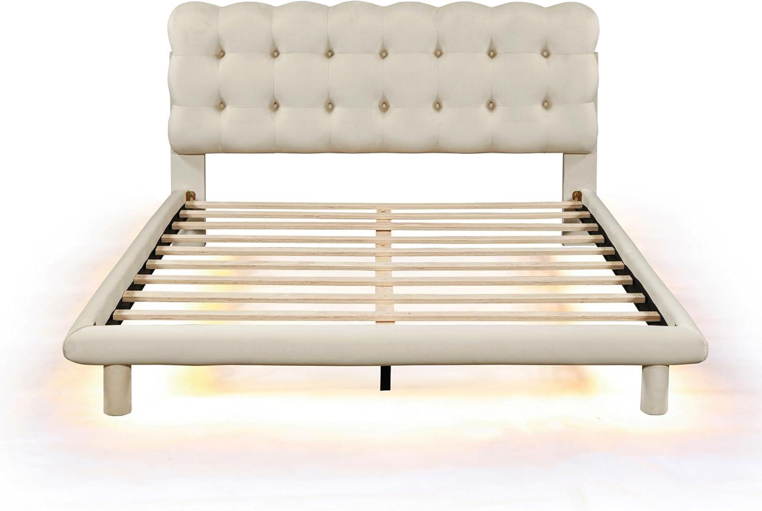 Queen Size Beige Velvet Platform Bed with LED Light and Tufted Upholstered Headboard