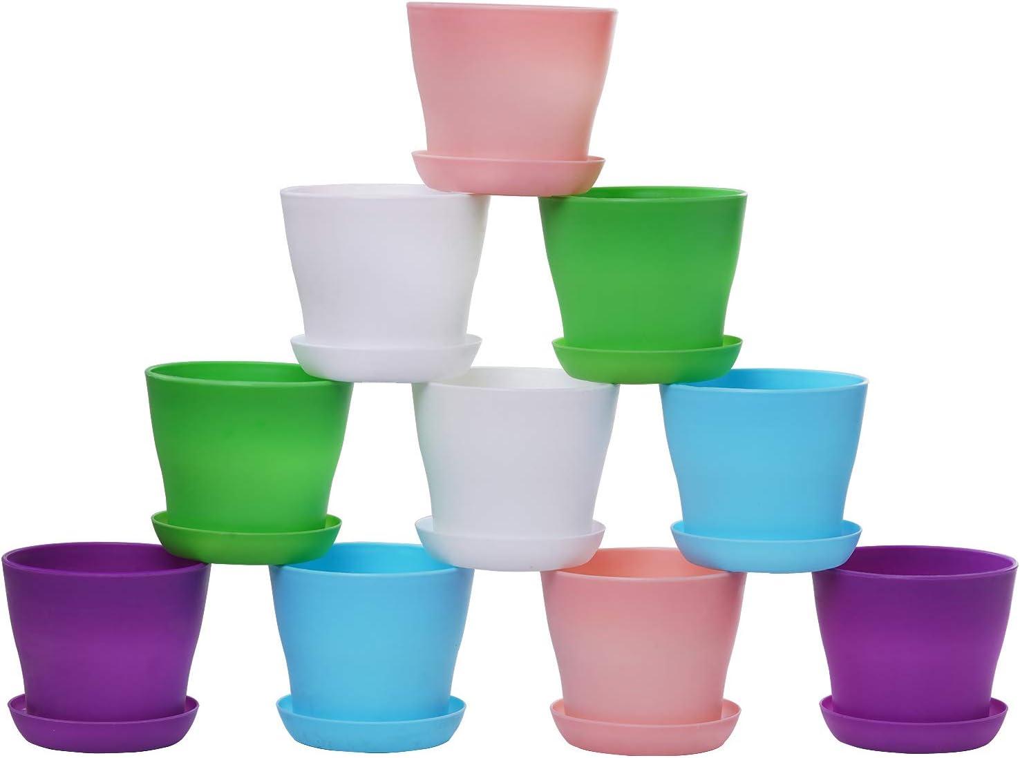TDHDIKE 10 Pcs Plastic Planters Indoor Pots, Mini Flower Seedlings Nursery Flower Pot with Pallet, Modern Decorative Gardening Containers Pink / White / Purple / Blue / Green