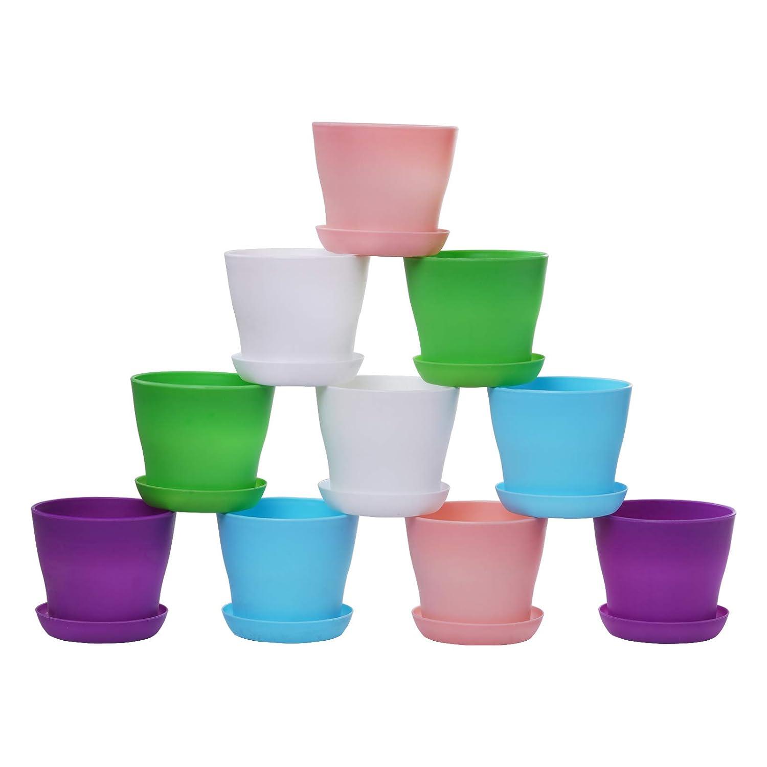 TDHDIKE 10 Pcs Plastic Planters Indoor Pots, Mini Flower Seedlings Nursery Flower Pot with Pallet, Modern Decorative Gardening Containers Pink / White / Purple / Blue / Green