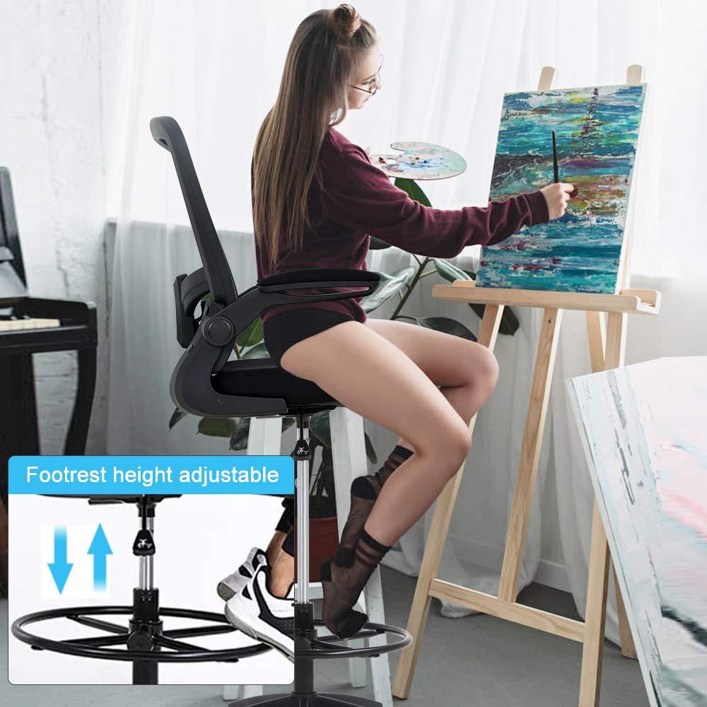 Drafting Chair Tall Office Chair Adjustable Height with Lumbar Support Flip Up Arms Footrest Mid Back Task Mesh Desk Chair Computer Chair Drafting Stool for Standing Desk, Black