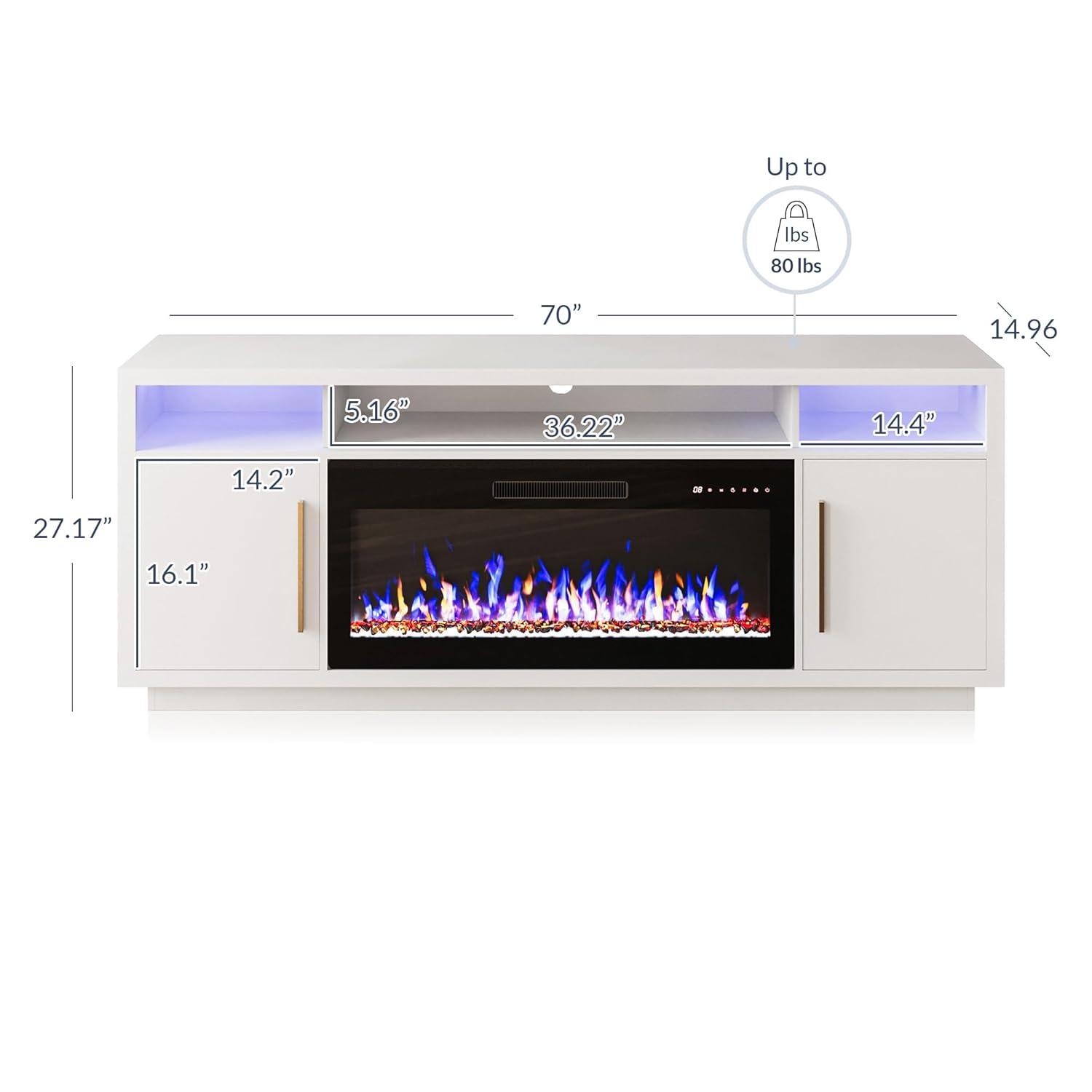 BELLEZE Soporte para Televisor con Chimenea para Televisores de hasta 75", Centro de Entretenimiento con Chimenea Eléctrica de 36", Iluminación Ambiental LED y Almacenamiento, Mesa Consola Multimedia de 69 Pulgadas - Avenue (Blanco)