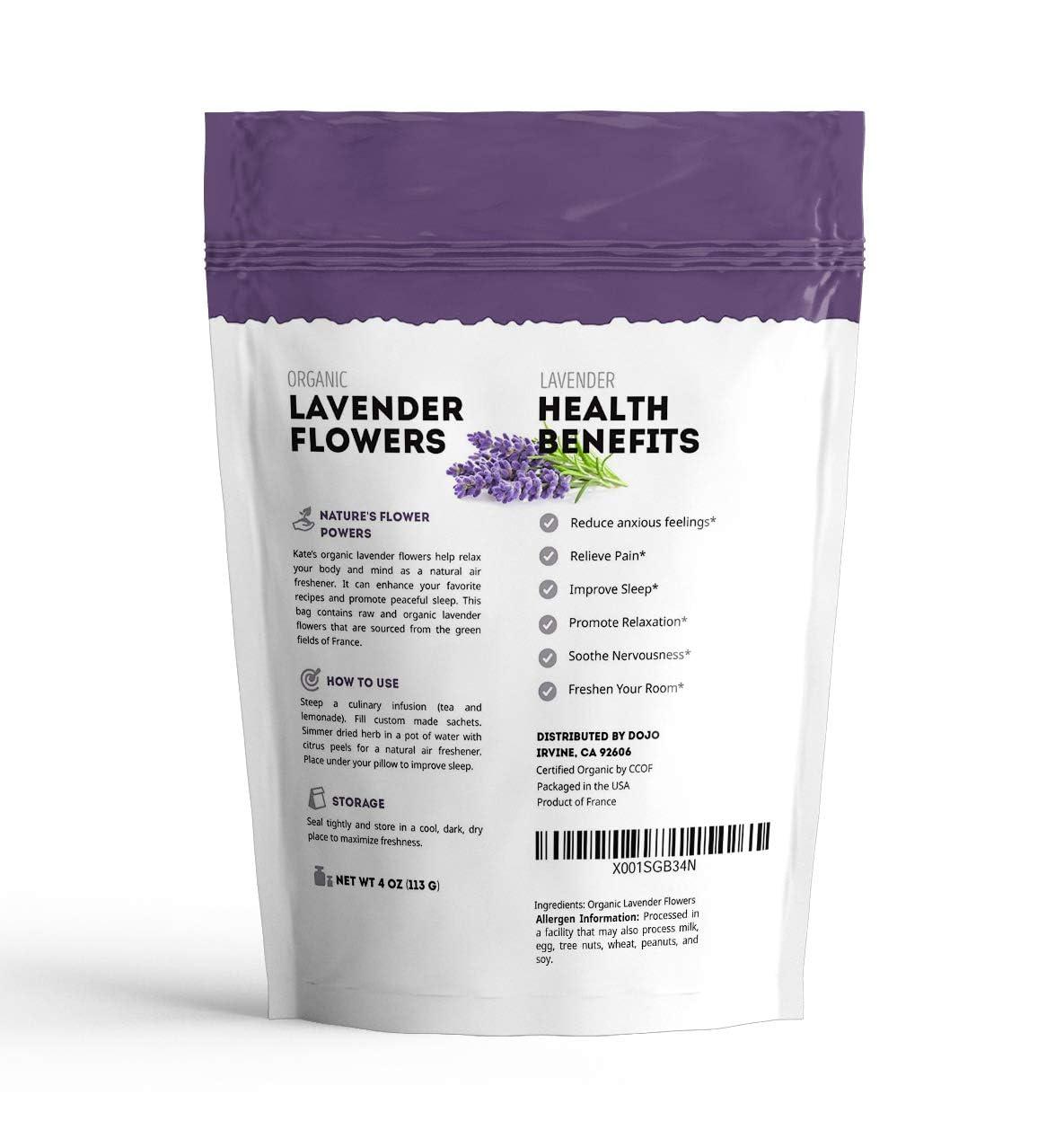 Organic Lavender Flowers (4oz) - Kate Naturals. Natural & Non-GMO. Dried. Premium Culinary Food Grade. Perfect for Tea, Lemonade, Baking, Baths. Fresh Fragrance. Large Resealable Bag. Gluten-Free