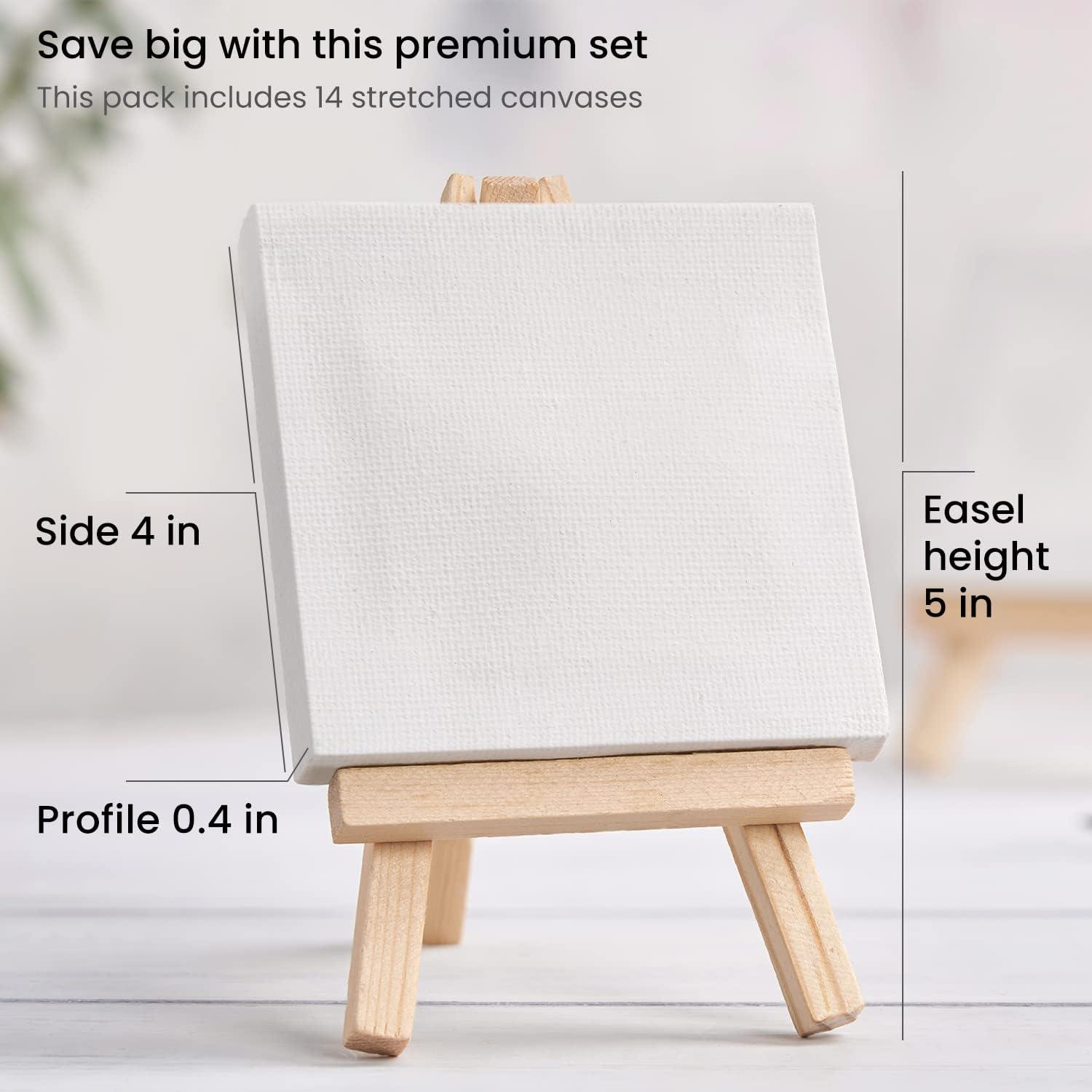 Mini Stretched White Cotton Canvas with Pine Easels, 4x4 Inches, Set of 14