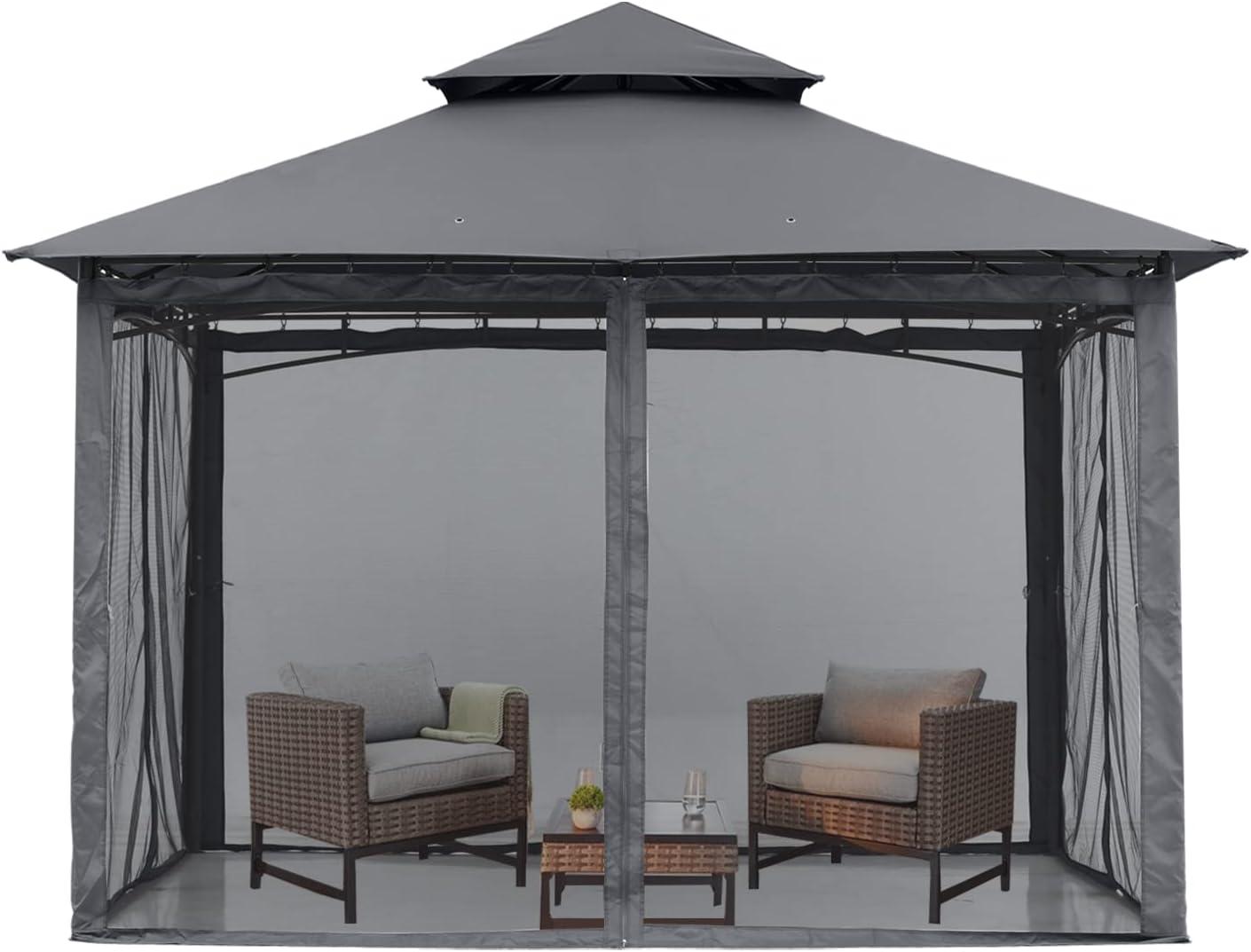 Dark Gray 8x8 Outdoor Gazebo with Steel Frame and Netting