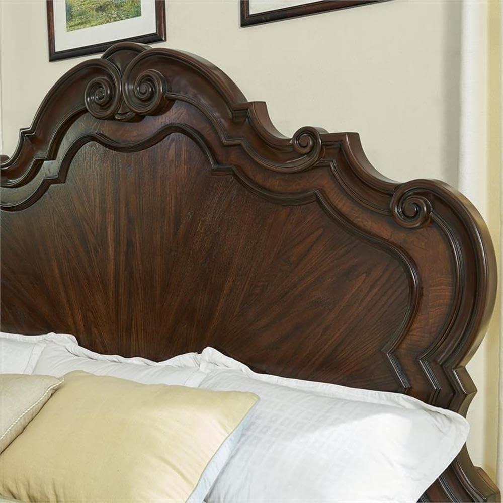 Royale Brown Cherry Queen Panel Bed with Intricate Carvings