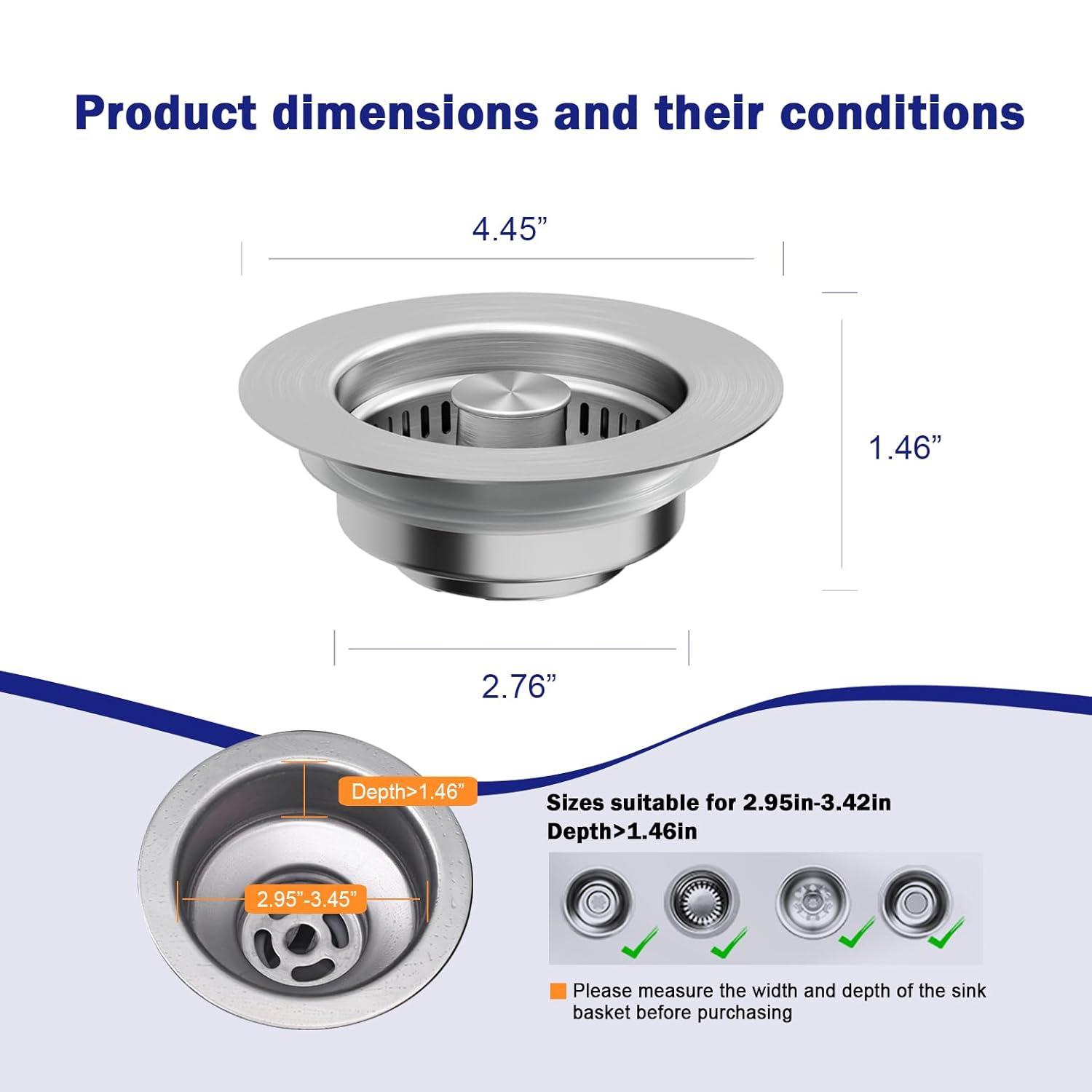 2PCS Upgraded 3 in 1 Kitchen Sink Drain Strainer,Anti-Clogging Sink Food Catcher Basket, Stainless Steel Pop-Up Kitchen Sink Stopper for US Standard 3-1/2 inch Kitchen Sink (Silver-2Pack)