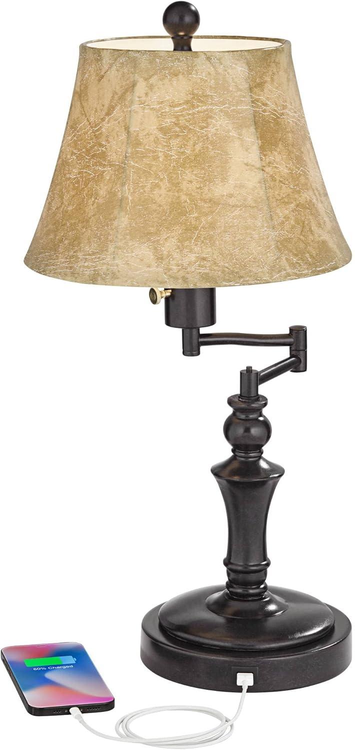 Regency Hill Traditional Desk Table Lamp Swing Arm with Hotel Style USB Charging Port 21.75" High Bronze Metal Faux Leather Bell Shade for Bedroom