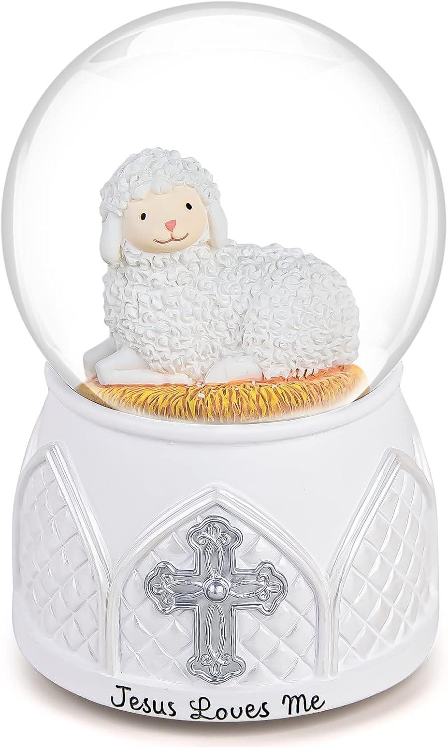 Jesus Loves Me Snow Globe, Jesus White Lamb Baptism Music Box, Religious Gift for Pastors Girls Wife Girlfriends Friends Easter Birthday Present