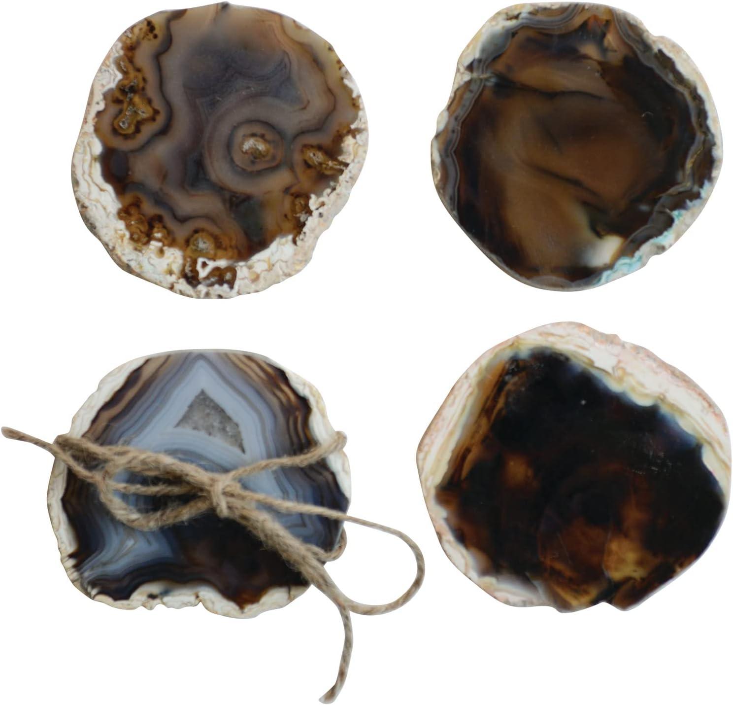 Natural Brown Agate Stone Coaster Set with Wooden Holder