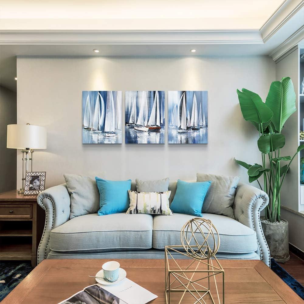 Three-Piece Blue and White Abstract Sailboat Canvas Art