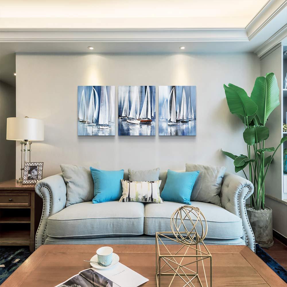 Three-Piece Blue and White Abstract Sailboat Canvas Art