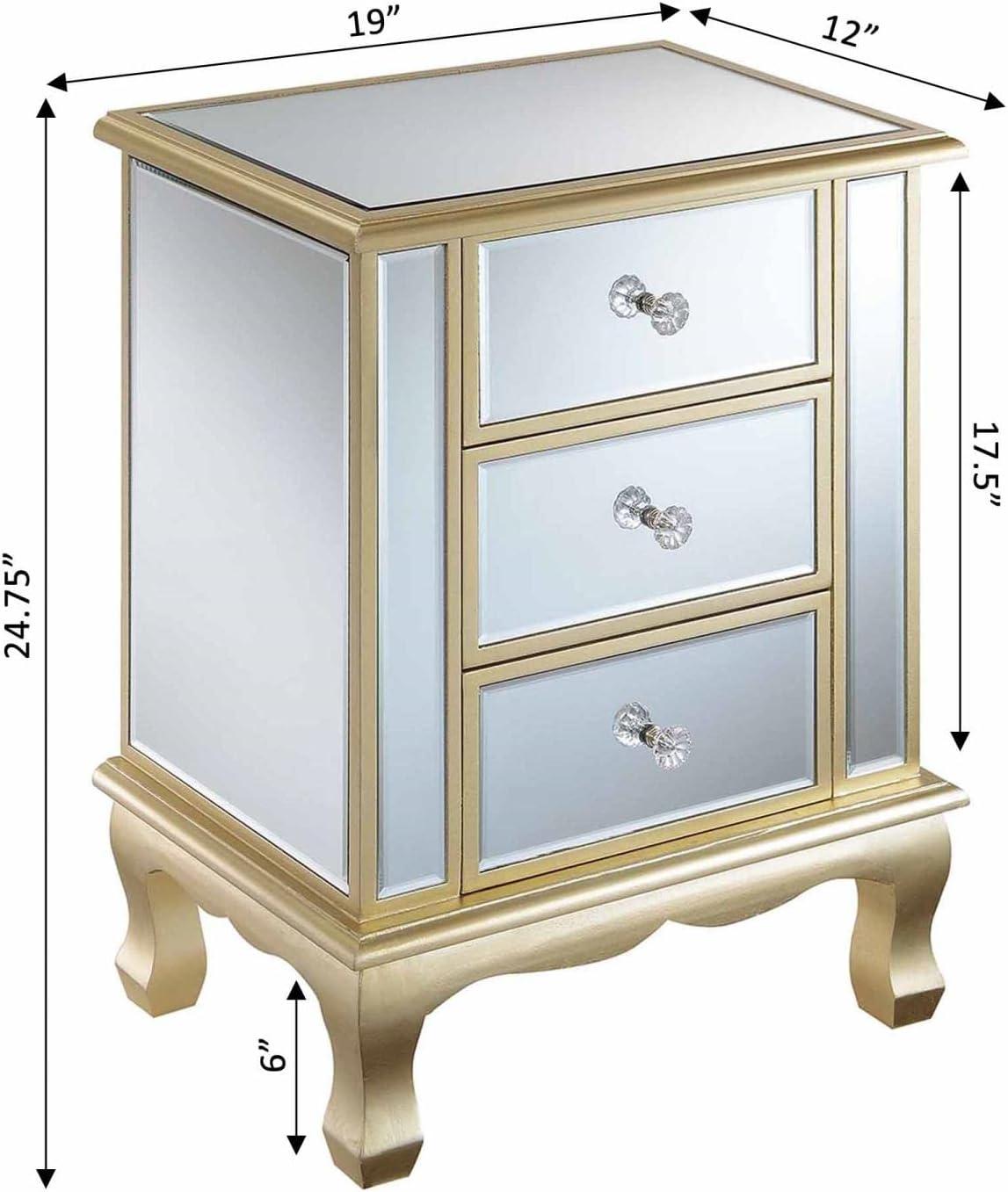 Gold Coast Vineyard 3 Drawer Mirrored End Table In White Wood and Mirrored Glass