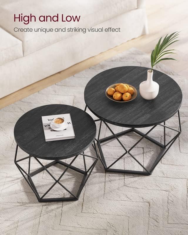 Small Coffee Table Set of 2, Round Coffee Table with Steel Frame, Side End Table for Living Room, Bedroom, Office, Charcoal Gray and Ink Black