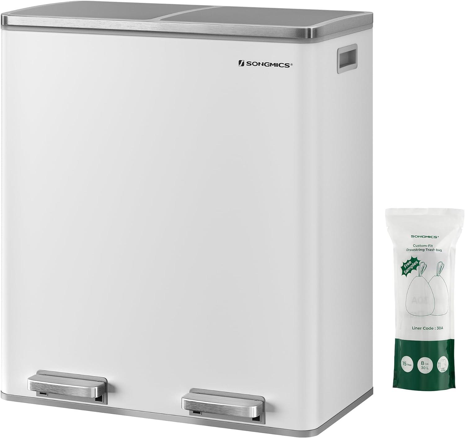 Songmics 2 x 8 Gallon Stainless Steel Multi-Compartments Trash Can with 15 trash bags