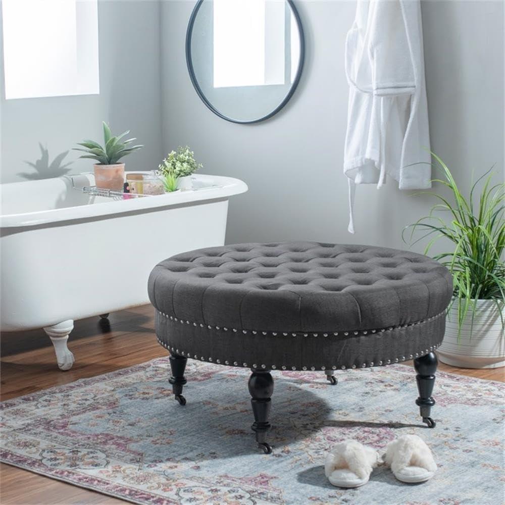 34.6" Isabelle Traditional Round Tufted Upholstered Wheeled Cocktail Ottoman Gray - Linon: Charcoal Linen, Silver Nailhead, Black Legs