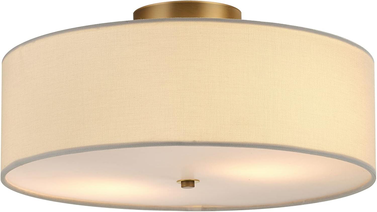 Globe Electric Kyle 2-Light Matte Brass Flush Mount Ceiling Light with White Linen Shade, 60998