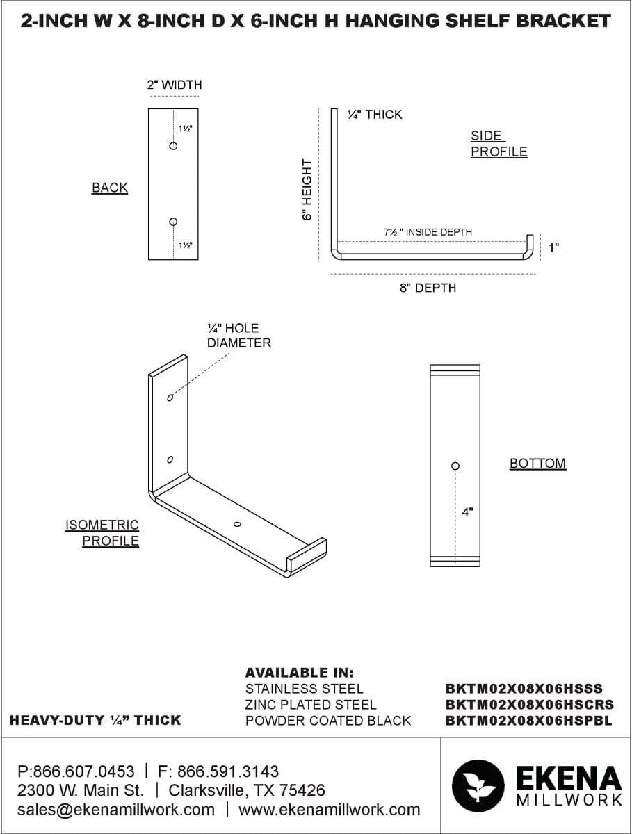 Ekena Millwork 2"W x 8"D x 6"H Steel Hanging Shelf Bracket, Unfinished