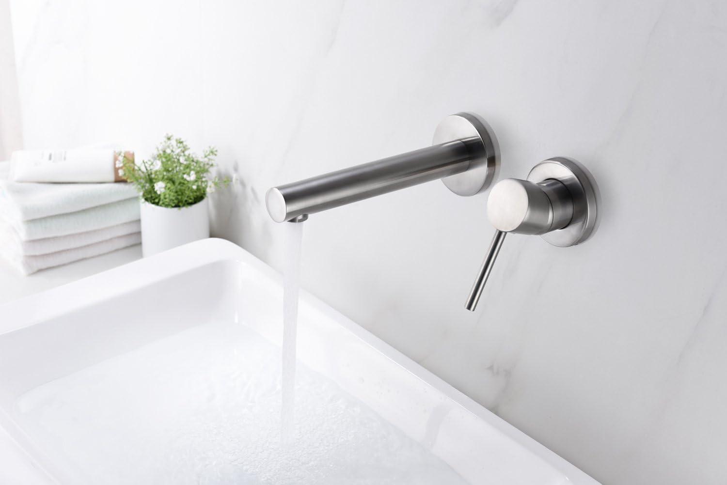 Brushed Nickel Wall-Mount Bathroom Faucet with Lever Handle