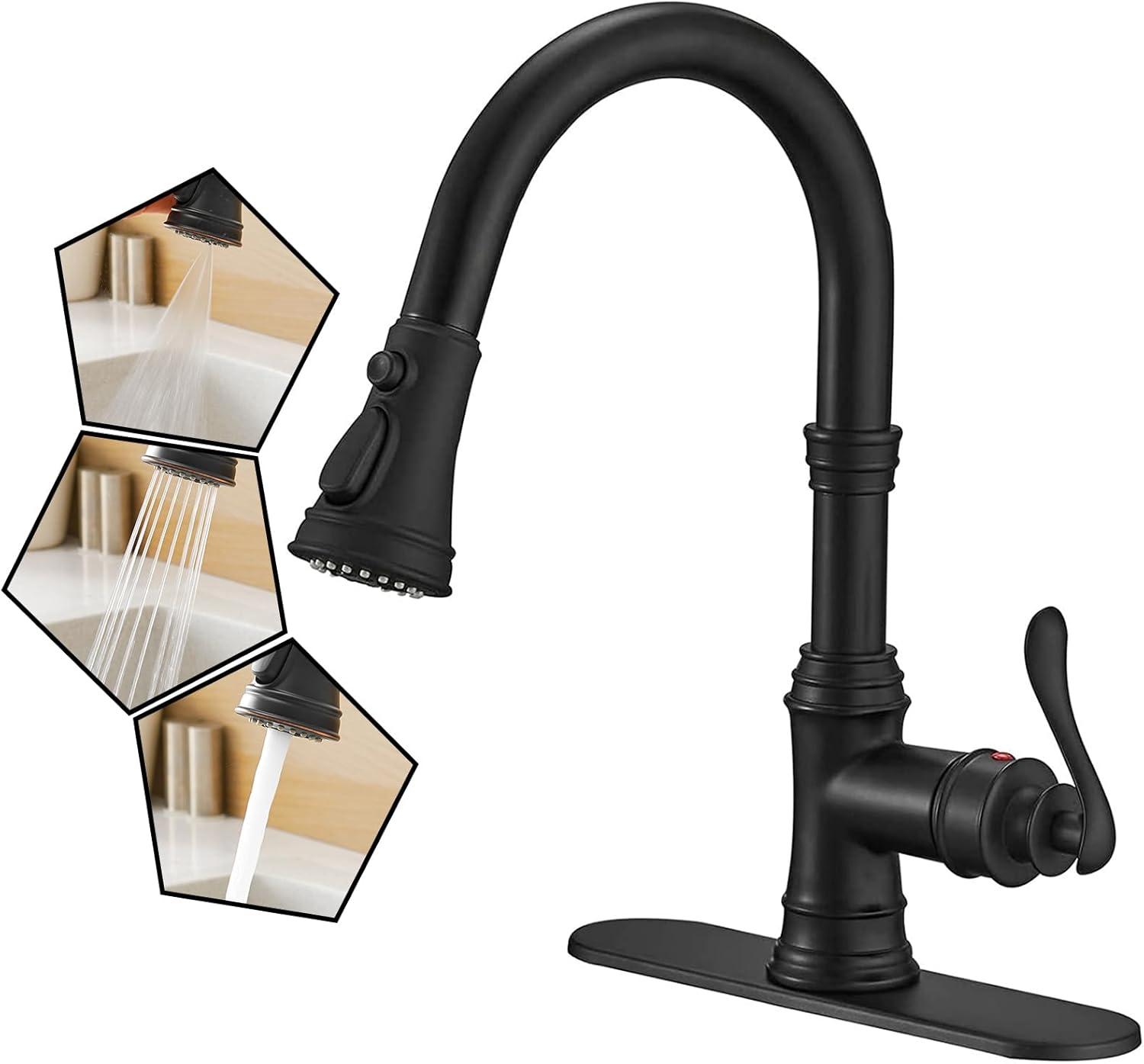 Matte Black Single-Handle Pull-Down Kitchen Faucet with Deck Plate