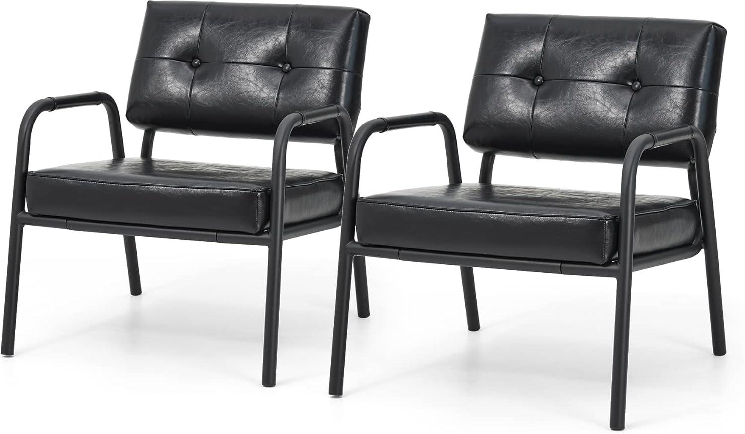 Mid-Century Modern Leatherette Arm Accent Chair Frosted Black Metal Frame Black - Glitzhome