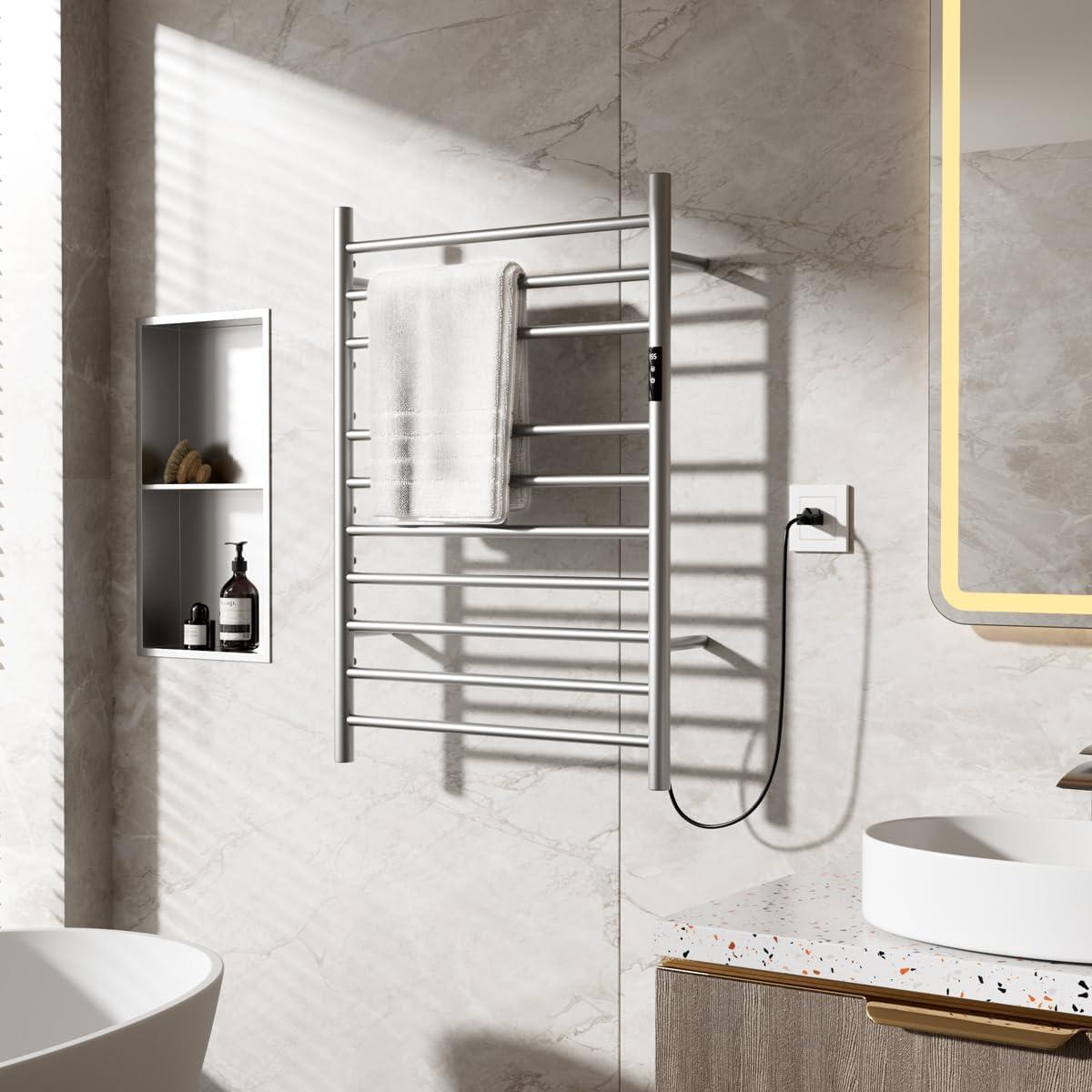 Finihen Wall Mounted Towel Rack, 10 Bar Towel Warmer Wall Mounted Electric Heated Towel Rack with Built-in Timer, for Bathroom, laundry Room, Silver