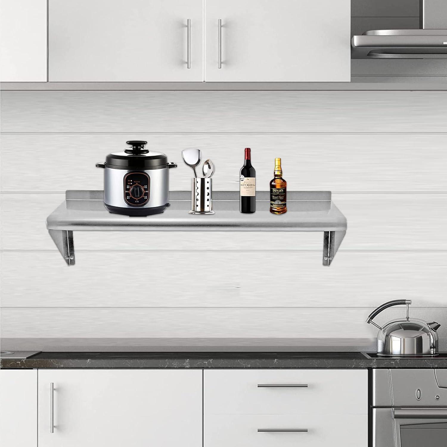 KUTLER Stainless Steel Shelf, NSF Commercial Wall Mount Shelves w/ Backsplash, Floating Metal Mounted Shelving for Restaurant, Kitchen, Home