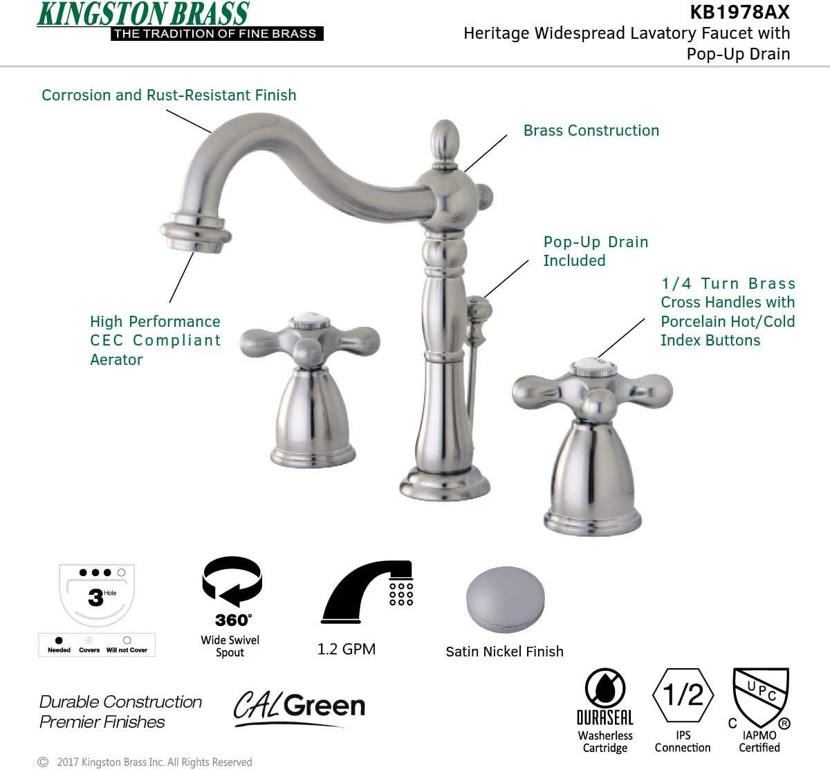 Kingston Brass Heritage Two-Handle 3-Hole Deck Mount Widespread Bathroom Faucet with Pop-Up Drain