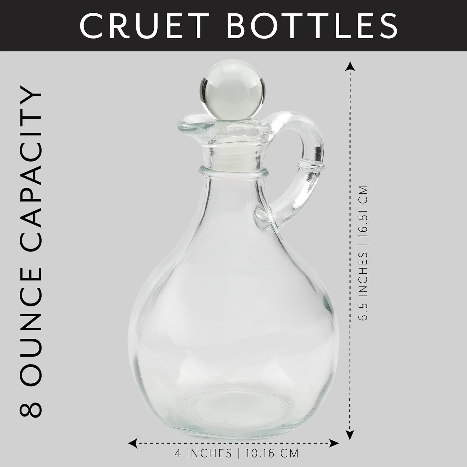 Cornucopia Brands 8oz Glass Oil and Vinegar Cruets (Set of 2); Round Oil Dispensers / Salad Dressing Bottles w/ Stoppers