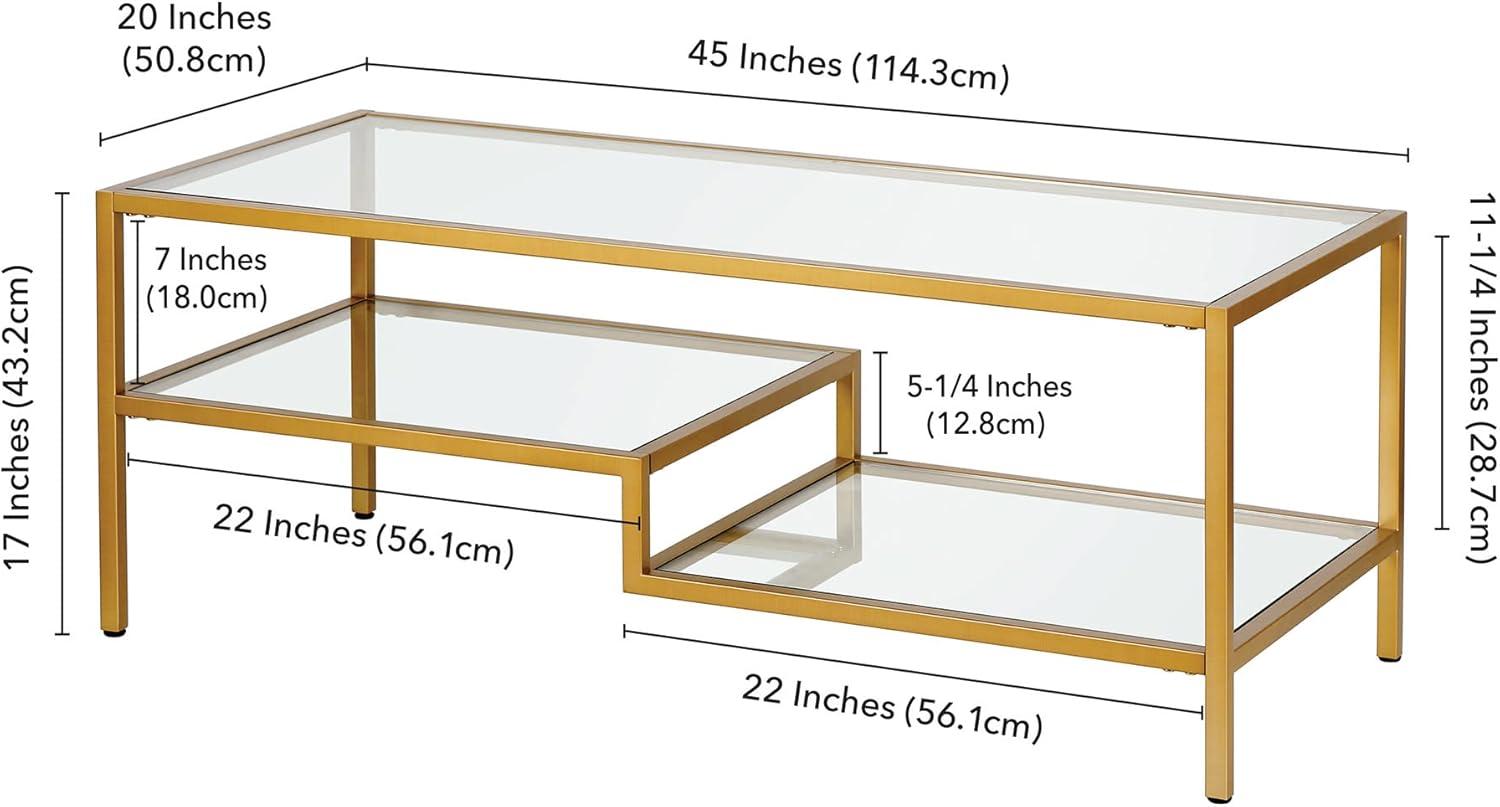 Contemporary Brass and Glass Double-Tiered Coffee Table