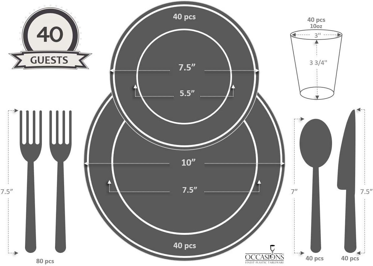 " OCCASIONS " 320 Piece set (40 Guests)-Vintage Wedding Party Disposable Plastic Plates & cutlery -40 x 10'' + 40 x 7.5'' + Silverware + 12oz Cups + Napkins (Verona White)
