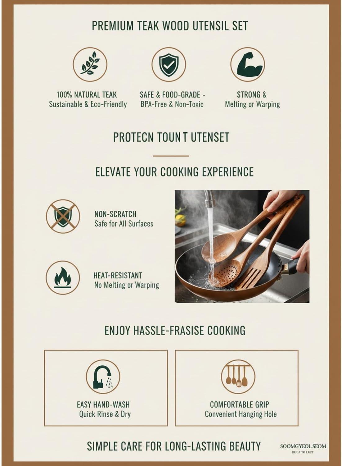 Wooden Spoons for Cooking, 10 Pcs Teak Wood Cooking Utensil Set ‚ Wooden Kitchen Utensils for Nonstick Pans & Cookware ‚ Sturdy, Lightweight & Heat Resistant