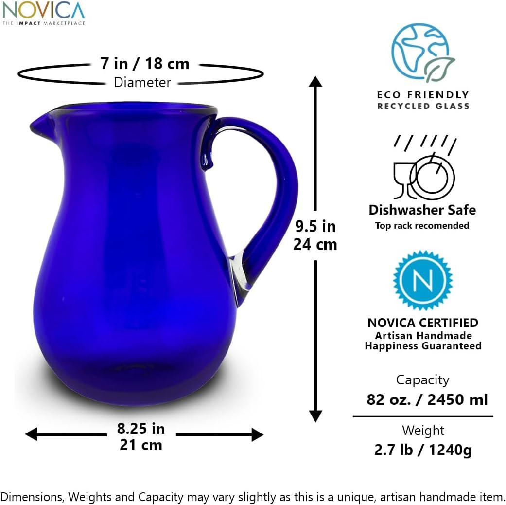 NOVICA Large Blue Hand Blown Glass Pitcher For Water, Margaritas, Lemonade, 82 Oz, 'Cobalt Charm'