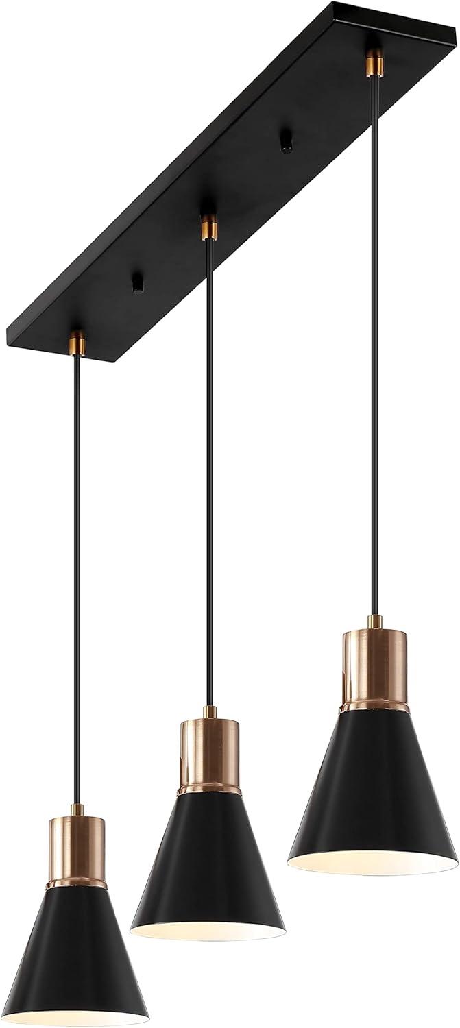 Apollo 33.5" 3-Light Mid-Century Modern Iron Adjustable Linear LED Pendant, Black/Brass Gold